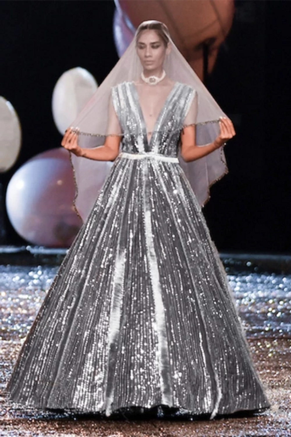 Grey Silver Sequin Taban Gown