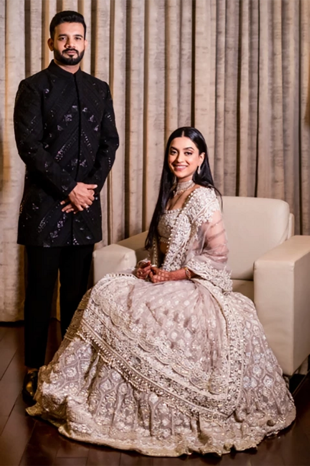 Bride: Nidhi Shetty & Groom: Rahul Shetty in our Khaab Emsemble