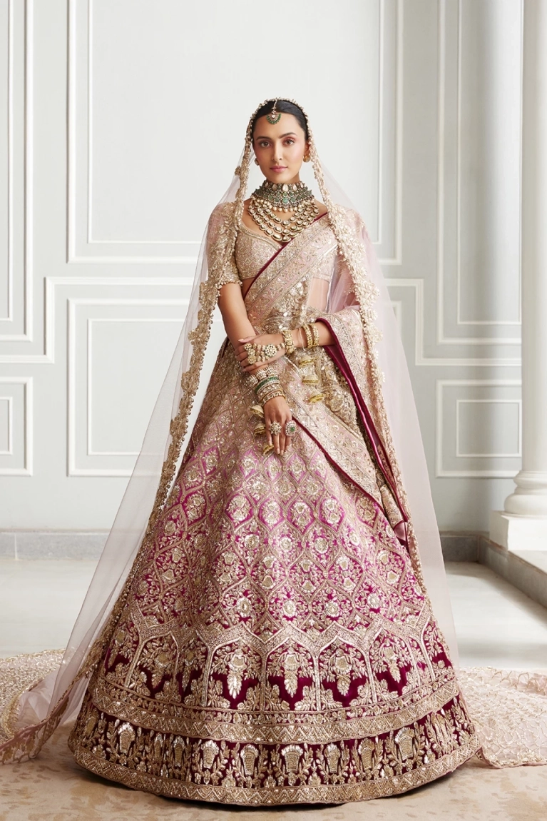Buy Designer Pink Dual-Tone Badla Bridal Lehenga Set online