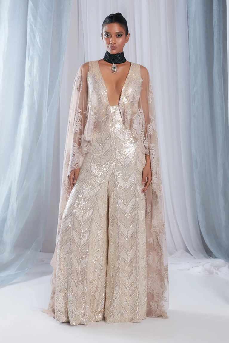 Beige Embroidered Fusion Set Manish Malhotra