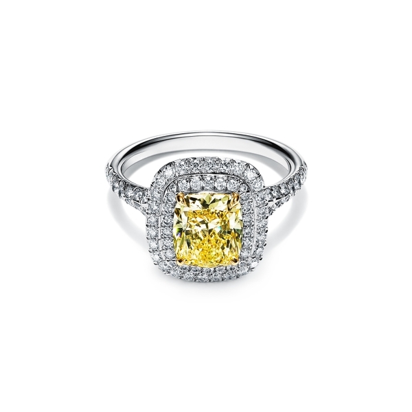 Cushion-cut Yellow Diamond Halo Engagement Ring in Platinum