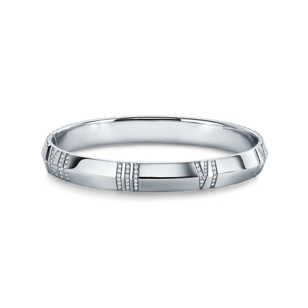 X Closed Wide Hinged Bangle in White Gold with Diamonds