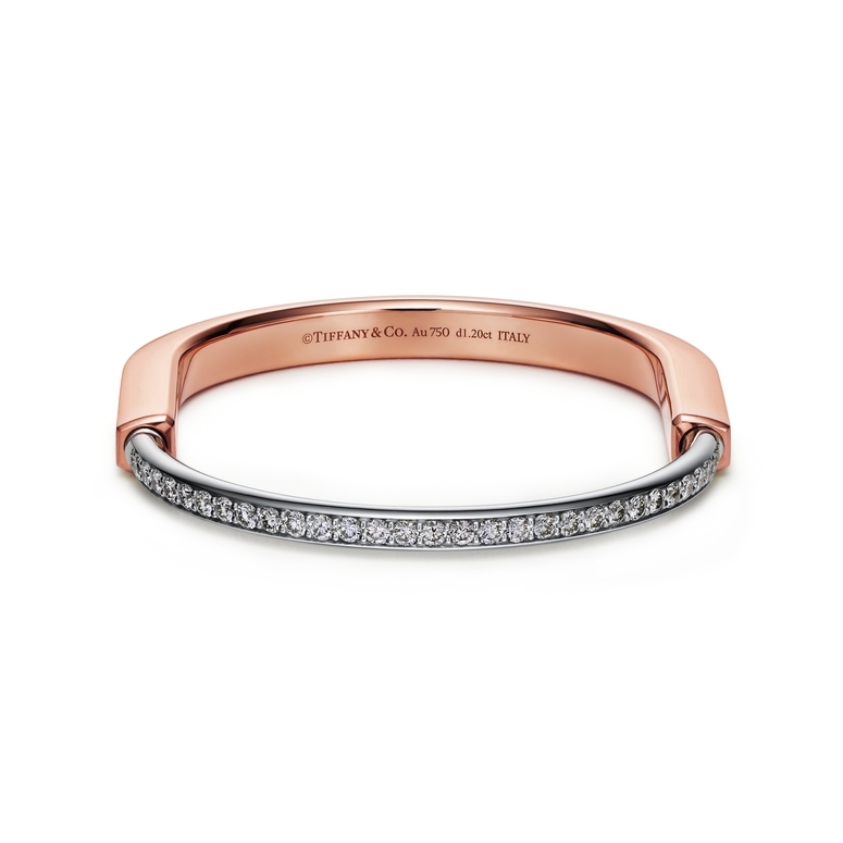 Tiffany Lock Bangle in Yellow and White Gold with Half Pavé Diamonds |  Tiffany & Co.