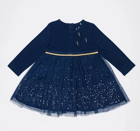H by Hamleys Girls Full Sleeve Party Dress Sequin Design Navy