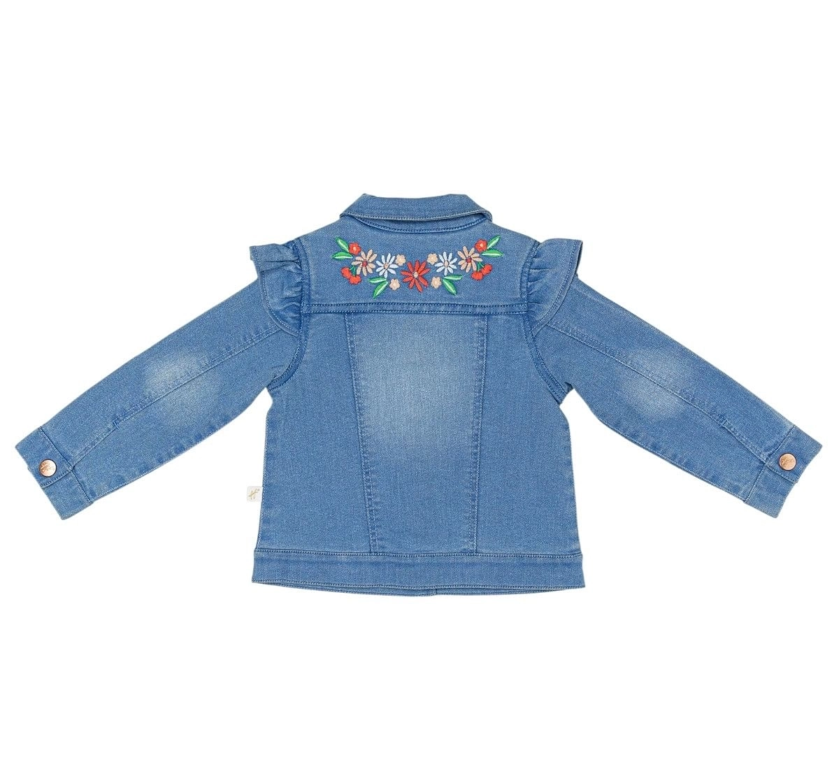 Girls Full Sleeve Denim Jacket Patchwork And Frill Details-Blue