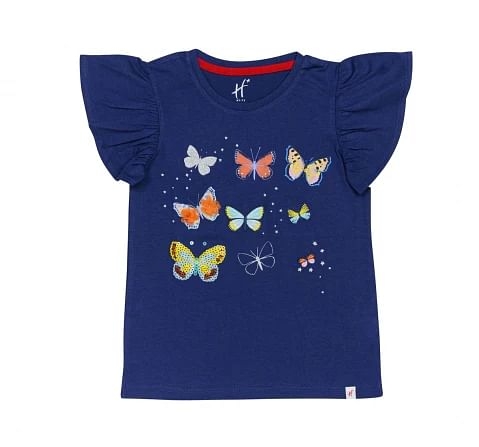 H by Hamleys Girls Short Sleeves T-Shirt Butterfly Print with Ruffles-Navy