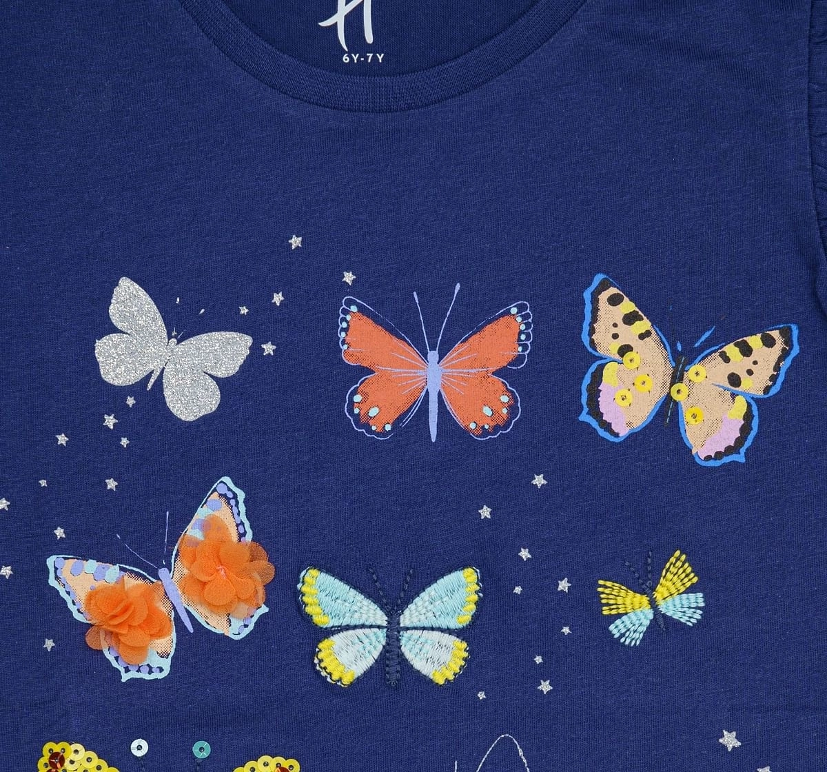 H by Hamleys Girls Short Sleeves T-Shirt Butterfly Print with Ruffles-Navy