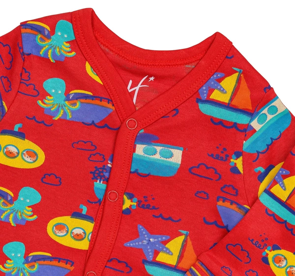H by Hamleys Boys Full Sleeves Sleepsuit Boat Print-Multicolor
