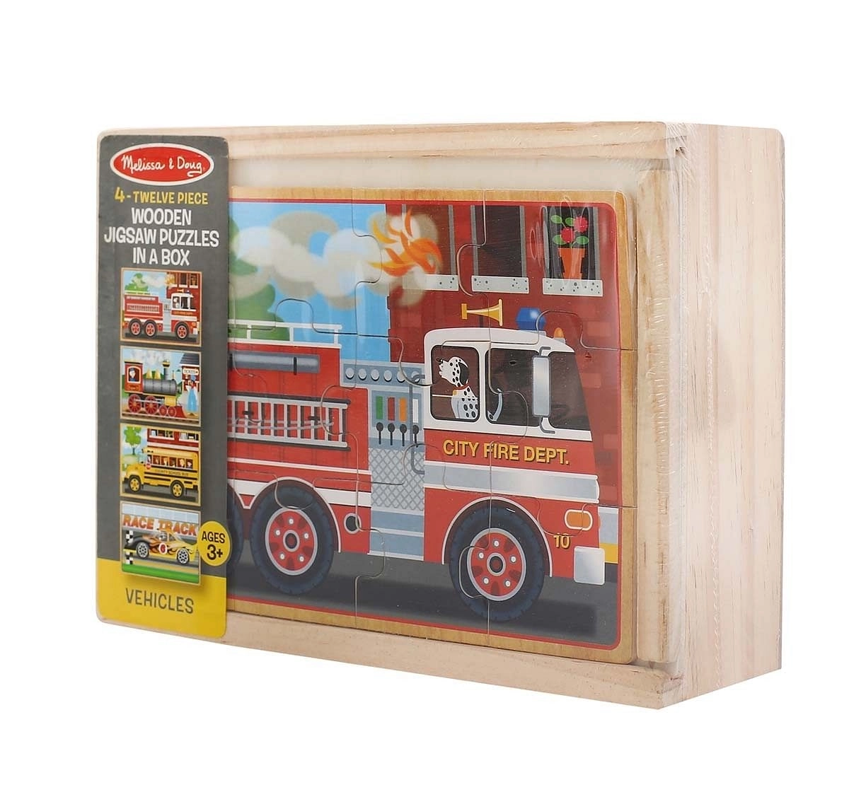 Melissa & Doug Vehicles Jigsaw Puzzles In A Box (Four Wooden Puzzles, Sturdy Wooden Storage Box, 12-Piece Puzzles) Wooden Toys for Kids age 3Y+ 