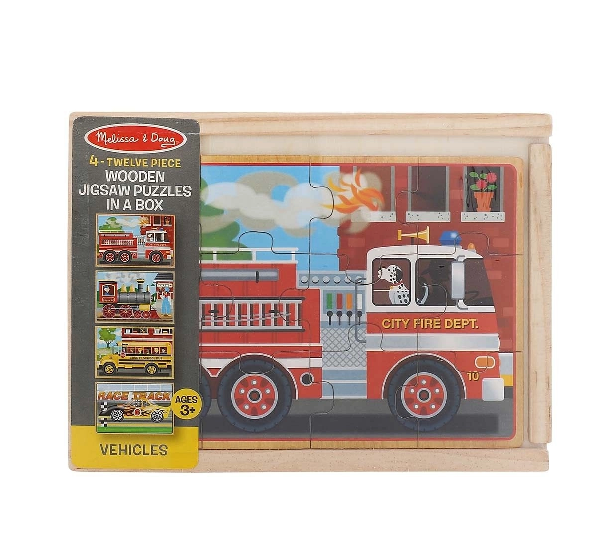 Melissa & Doug Vehicles Jigsaw Puzzles In A Box (Four Wooden Puzzles, Sturdy Wooden Storage Box, 12-Piece Puzzles) Wooden Toys for Kids age 3Y+ 