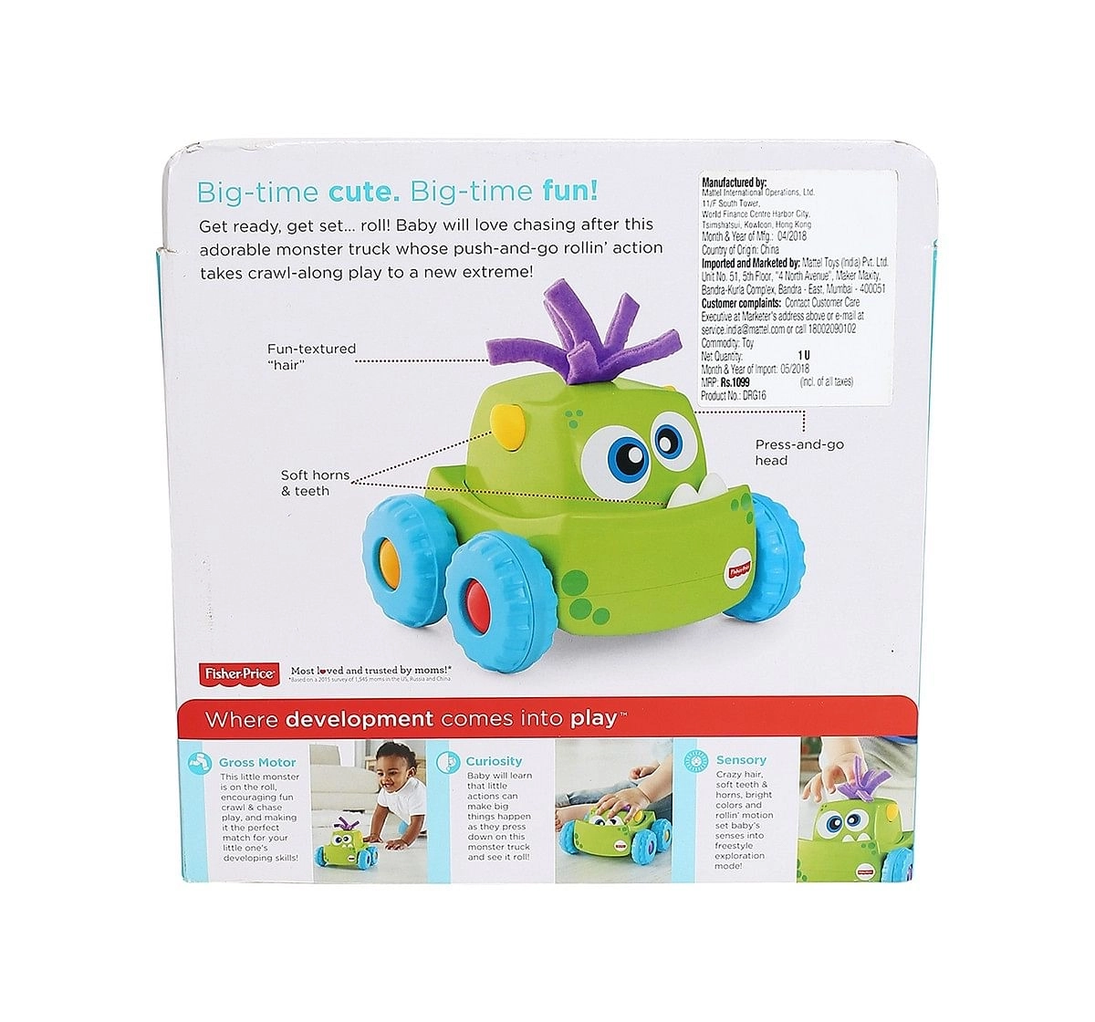 Fisher Price Press N Go Monster Truck- Green Early Learner Toys for Kids age 9M+, Assorted