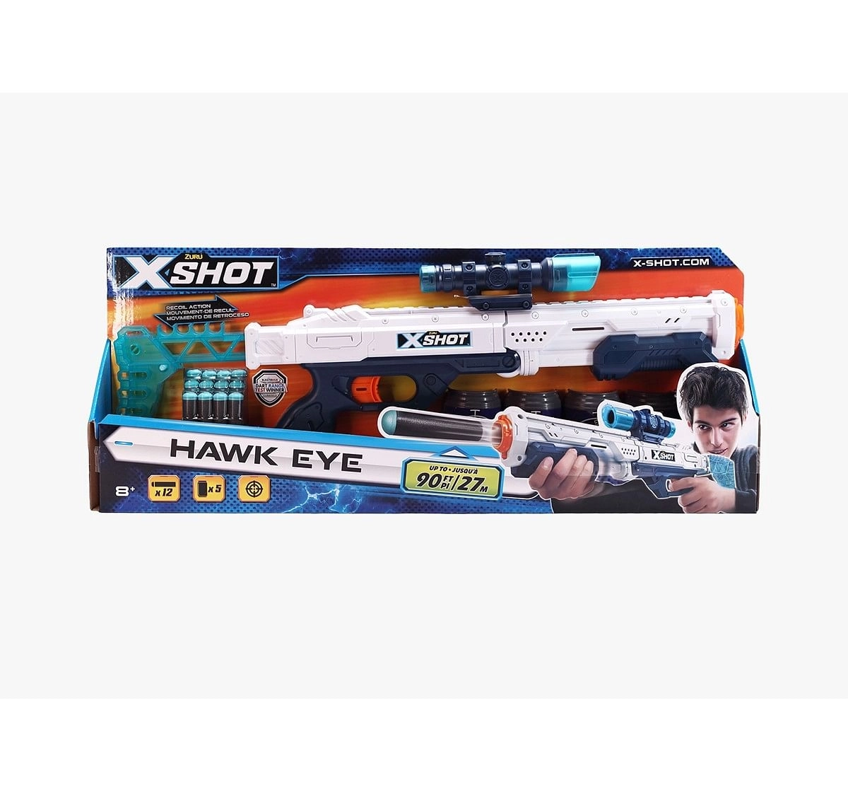 X-Shot Plastic Excel Hawk Eye 5 Cans With 12 Dart Blasters for Kids age 8Y+ (White)