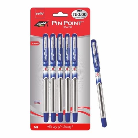 BIC CELLO Pinpoint Ball Pen, Pack of 5, Blue, 10Y+