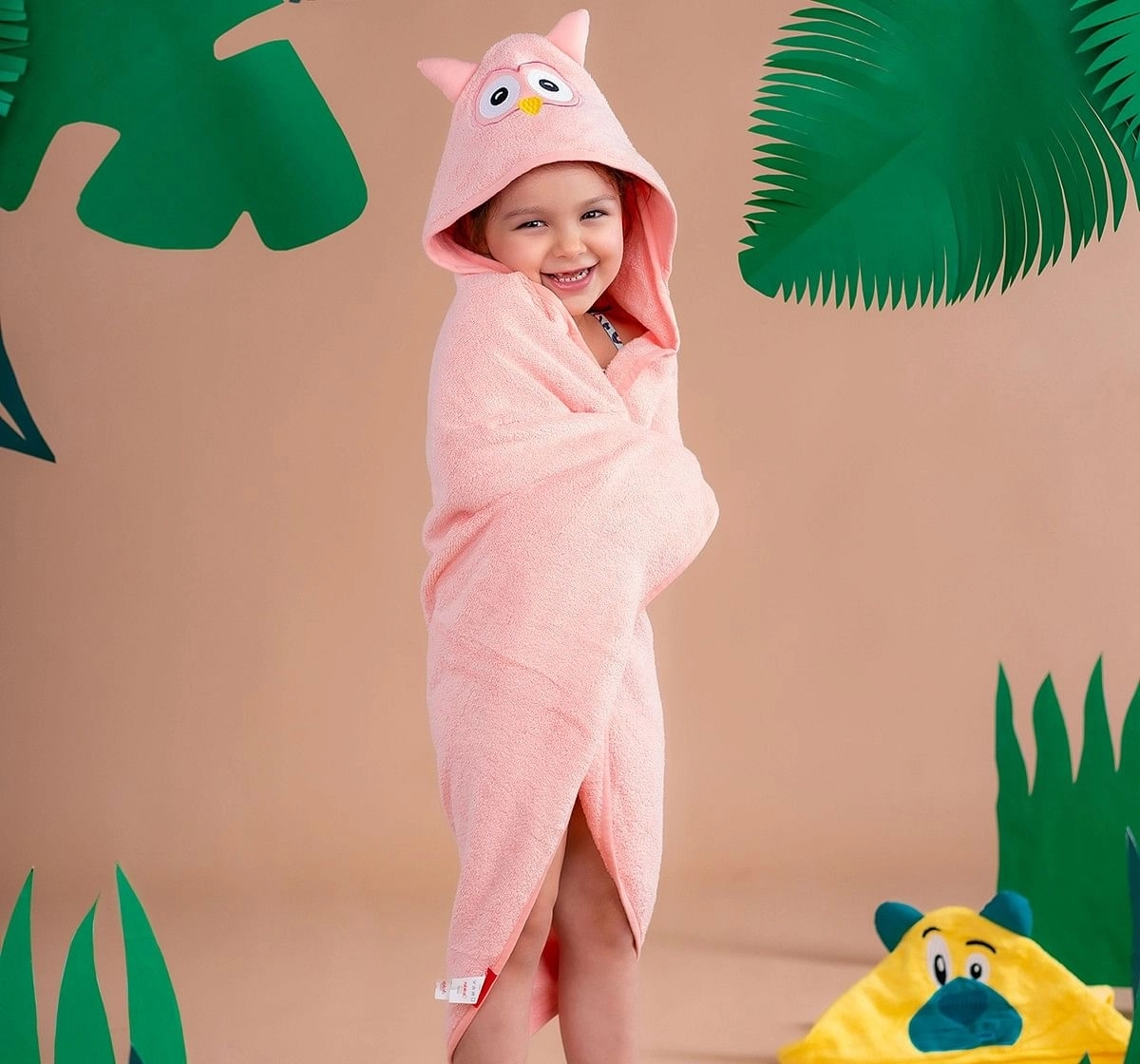 Rabitat Kids Hooded Bath Towel Super Soft Made with Zero Twist Cotton, Pink, Pink Owl, 5Y+