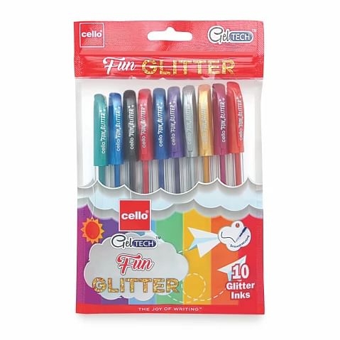 BIC CELLO Geltech Glitter Gel Pen, Pack of 10, Multicolour, 10Y+