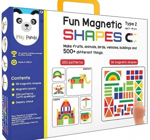 Play Panda Fun Magnetic Shapes (Junior) : Type 2 With 58 Magnetic Shapes, 200 Pattern Book, Magnetic Board And Display Stand Puzzles for Kids Age 5Y+