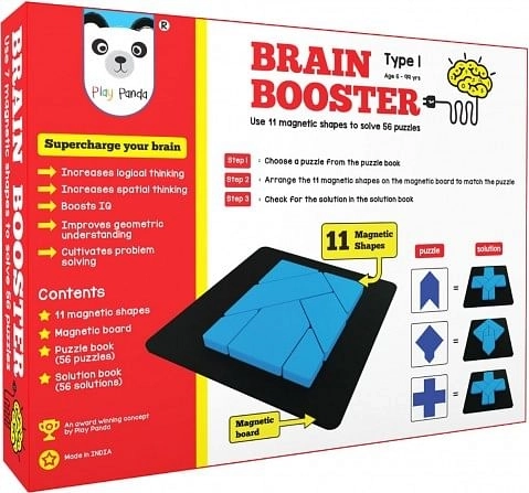 Play Panda Brain Booster Type 1 - 56 Puzzles Designed To Boost Intelligence - With Magnetic Shapes, Magnetic Board, Puzzle Book And Solution Book Puzzles for Kids Age 6Y+