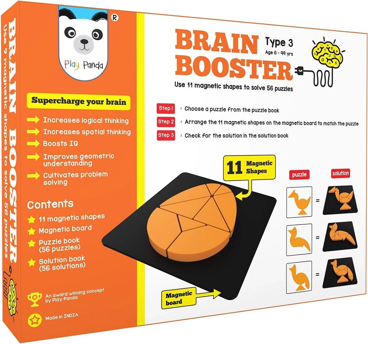 Play Panda Brain Booster Set 3 - 56 Puzzles Designed To Boost Intelligence - With Magnetic Shapes, Magnetic Board, Puzzle Book And Solution Book Puzzles for Kids Age 6Y+