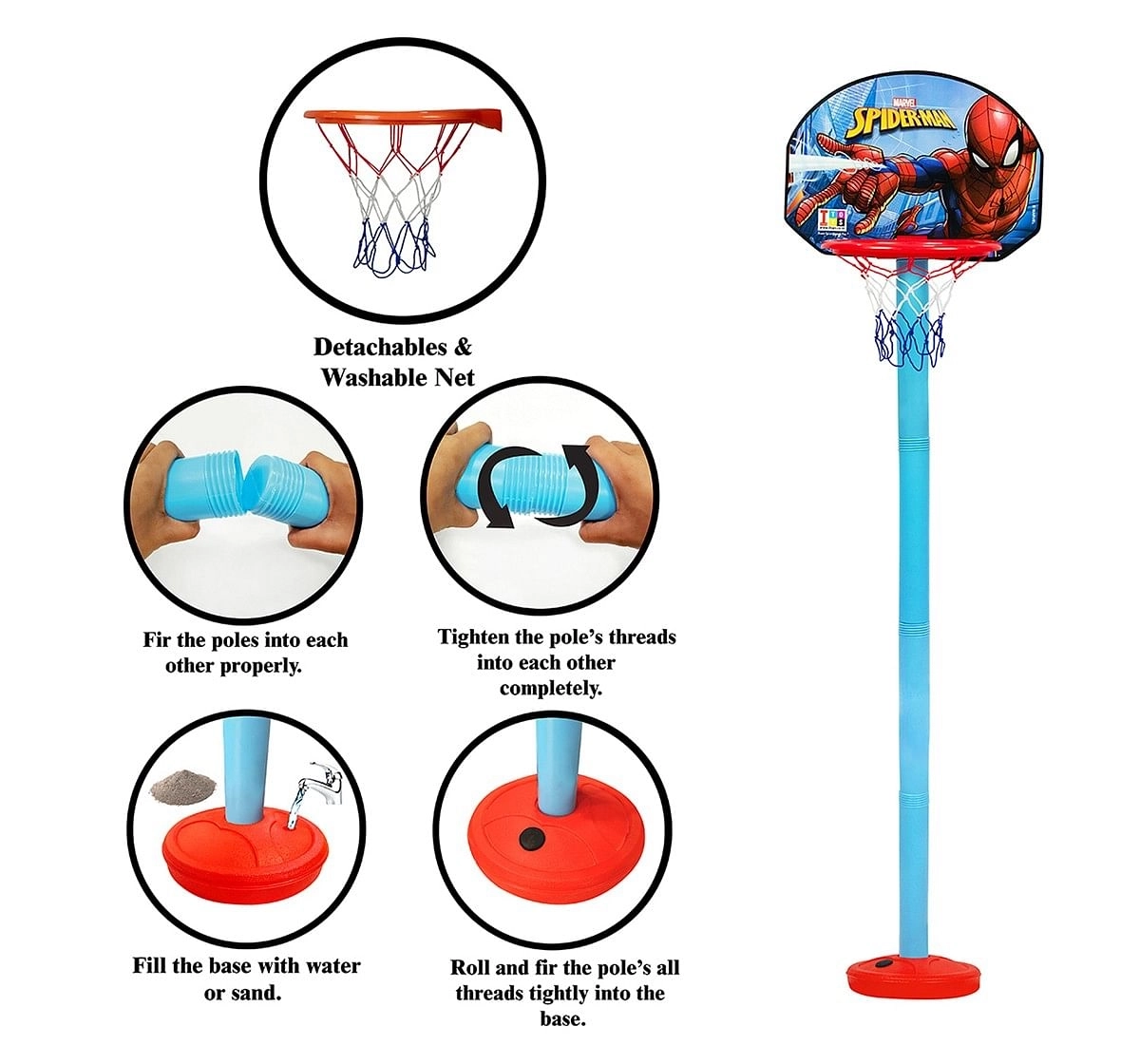 IToys Marvel Spiderman shooting champ basket ball set, standing basket ball for growing kids,  3Y+(Multicolour)