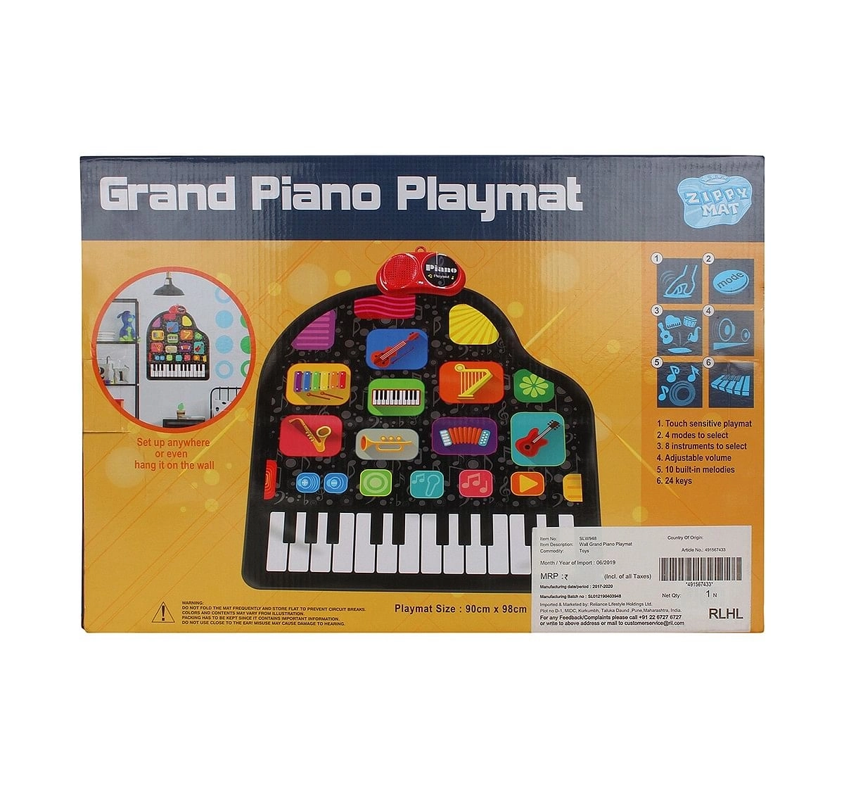 Zippy Mat Sunlin Wall Grand Piano Playmat for Kids age 3Y+ (Black)