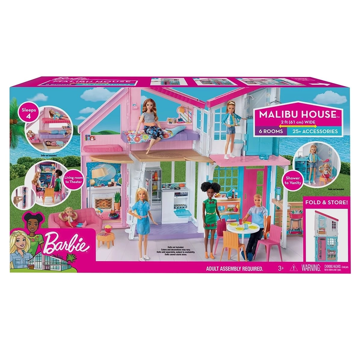 Barbie Malibu House, Fold & Store Barbie Playset, 3Y+, Multicolour