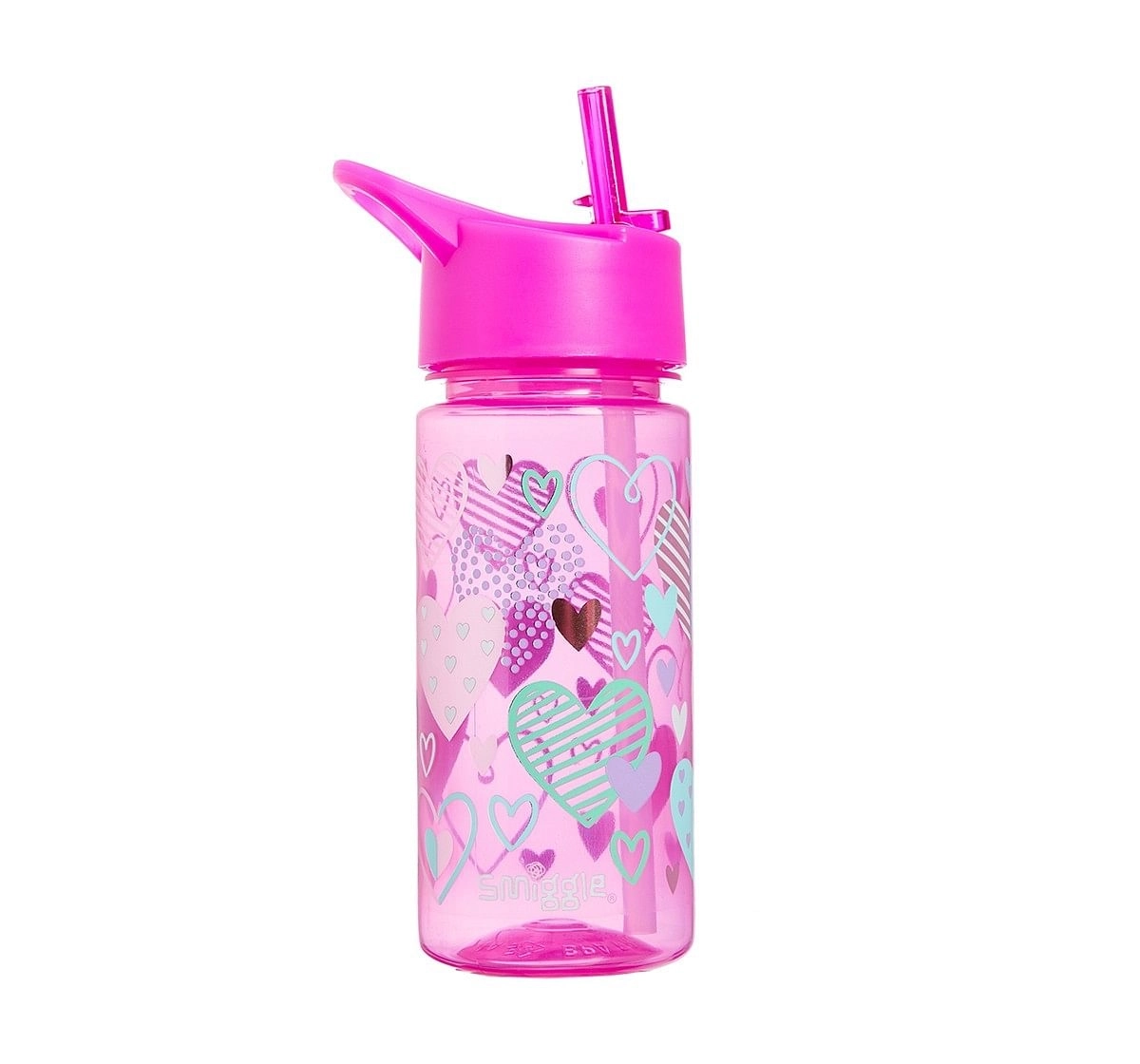 Smiggle Giggle Bottle with Flip Top Spout - Heart Print Bags for Kids age 3Y+ (Pink)