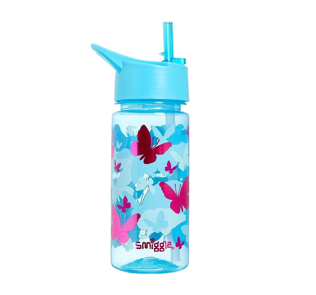 Smiggle Giggle Bottle with Flip Top Spout - Butterfly Print Bags for Kids age 3Y+ (Blue)