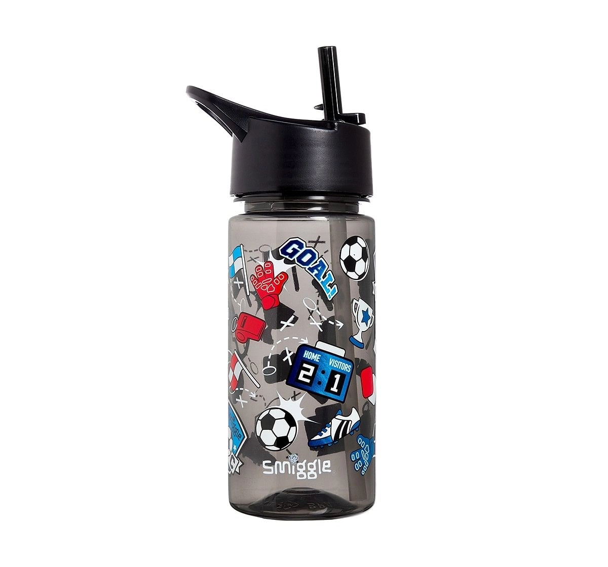 Smiggle Giggle Bottle with Flip Top Spout - Football Print Bags for Kids age 3Y+ (Black)