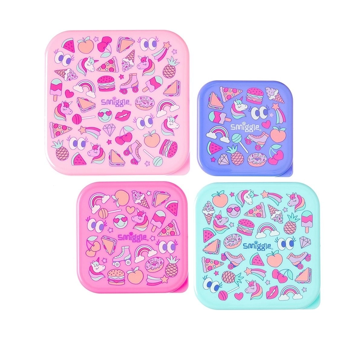 Smiggle Life Set of 4 Happy Snack N Stack Containers -Bags for Kids age 3Y+ (Pink)