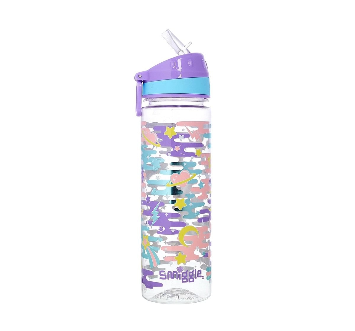 Smiggle Far Away Drink Bottle with Flip Top Spout - Cat Print Bags for Kids age 3Y+ (Lilac)