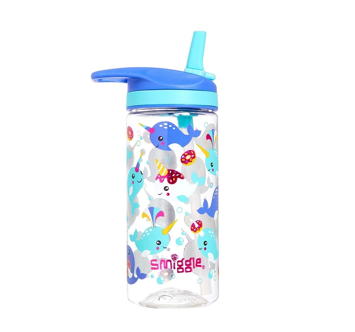 Smiggle Whirl Junior Bottle with Flip Top Spout - Narwhal print Bags for Kids age 3Y+ (Purple)