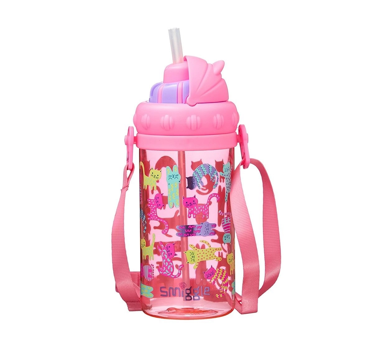 Smiggle Topsy Teeny Tiny Drink Bottle with Strap - Cat Print Bags for Kids age 3Y+ (Pink)
