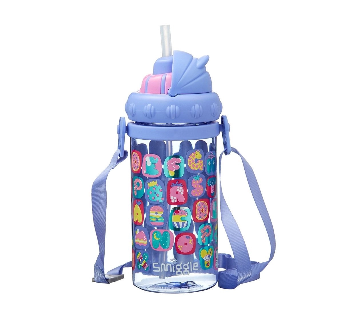 Smiggle Topsy Teeny Tiny Drink Bottle with Strap - Alphabet Print Bags for Kids age 3Y+ (Purple)