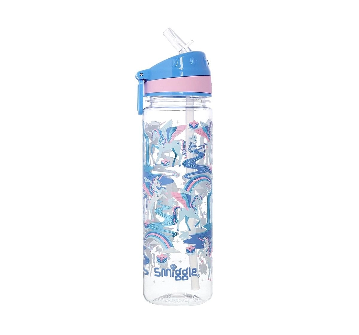 Smiggle Far Away Drink Bottle with Flip Top Spout - Unicorn Print Bags for Kids age 3Y+ (Cornflower Blue)