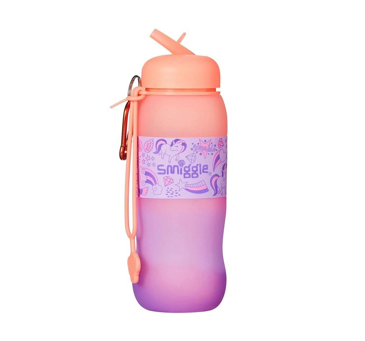 Smiggle Golly Silicone Roll Drink Bottle - Unicorn Print Bags for Kids age 3Y+ (Coral)