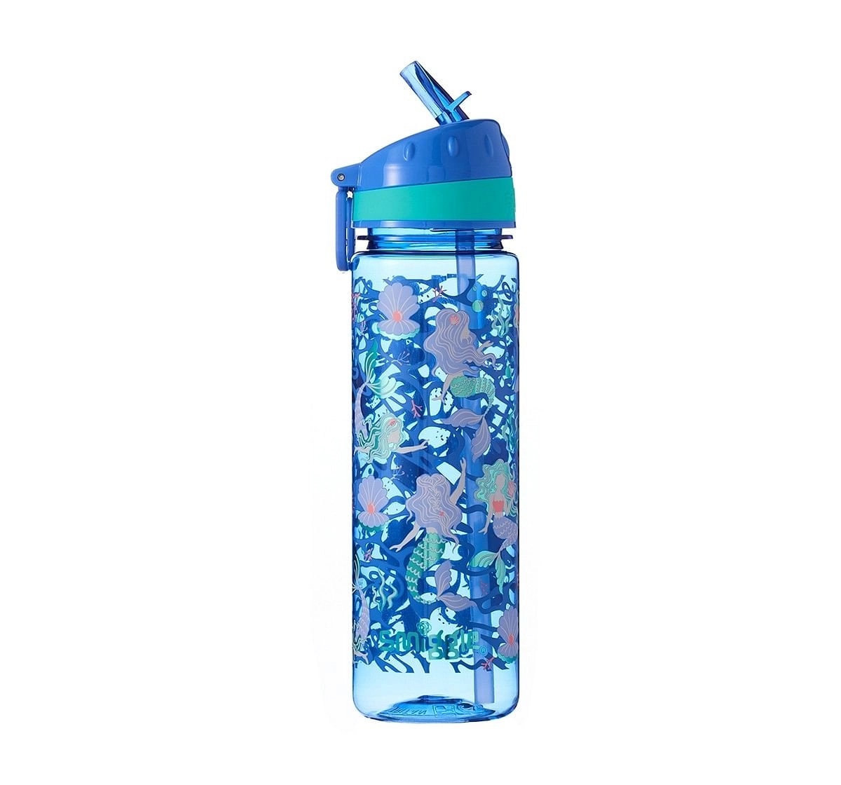  Smiggle Flow Drink Bottle with Flip Top Spout Mermaid Print Bags for Kids age 3Y+ (Cornflower Blue)