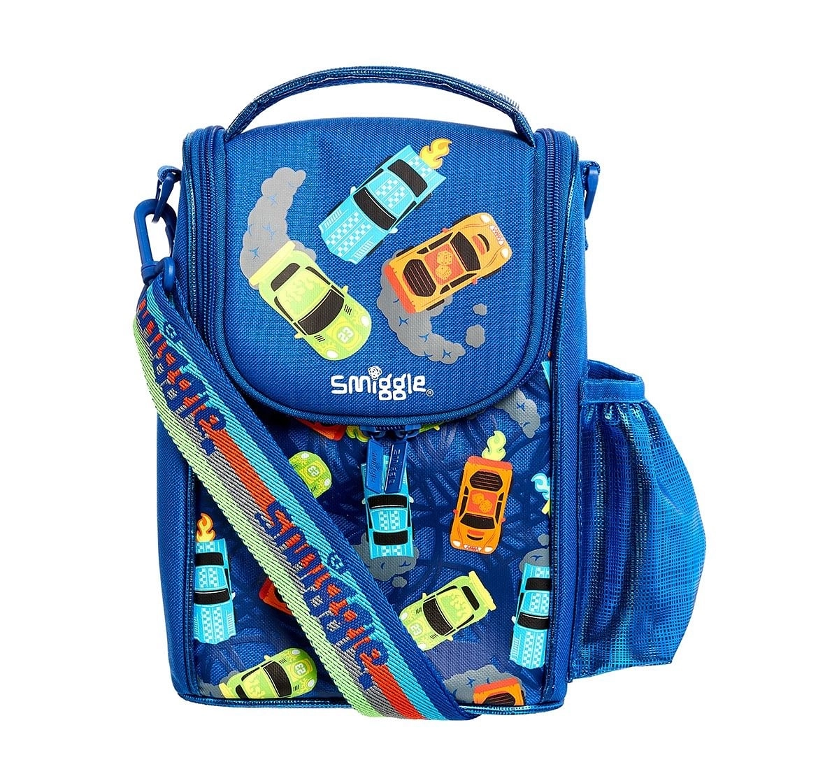 Smiggle Whirl Junior Lunchbox with Strap Car Print Bags for Kids age 3Y+ (Royal Blue)