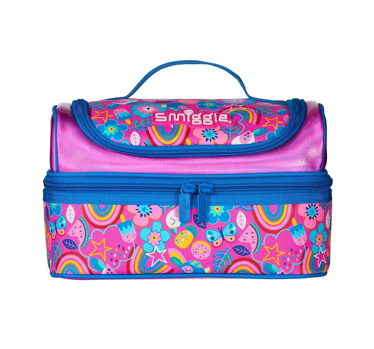 Smiggle Flow Double Decker Lunchbox - Rainbow Print Bags for Kids age 3Y+ (Pink)