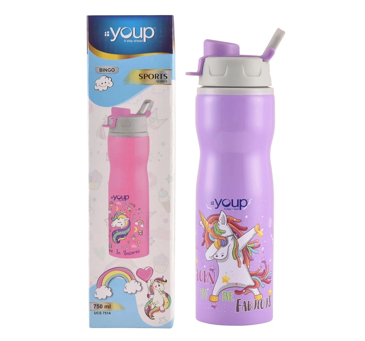 Youp Stainless Steel Unicorn Kids Water Bottle Bingo Multicolour 3Y+ Assorted 