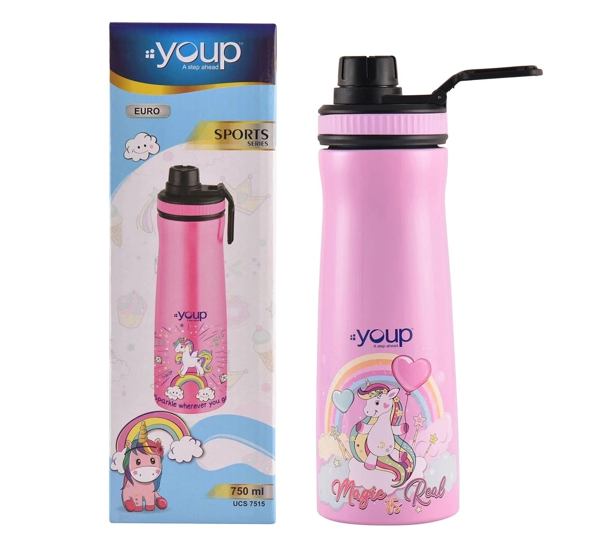 Youp Stainless Steel  Unicorn Kids Water Bottle Euro Multicolour 3Y+ Assorted 