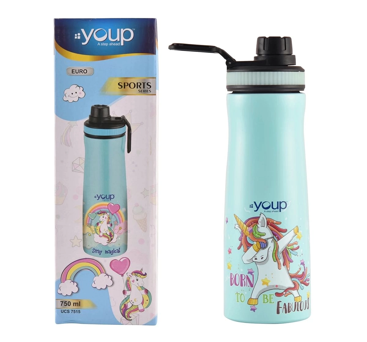 Youp Stainless Steel  Unicorn Kids Water Bottle Euro Multicolour 3Y+ Assorted 