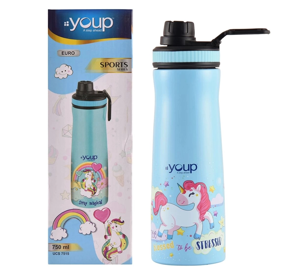 Youp Stainless Steel  Unicorn Kids Water Bottle Euro Multicolour 3Y+ Assorted 