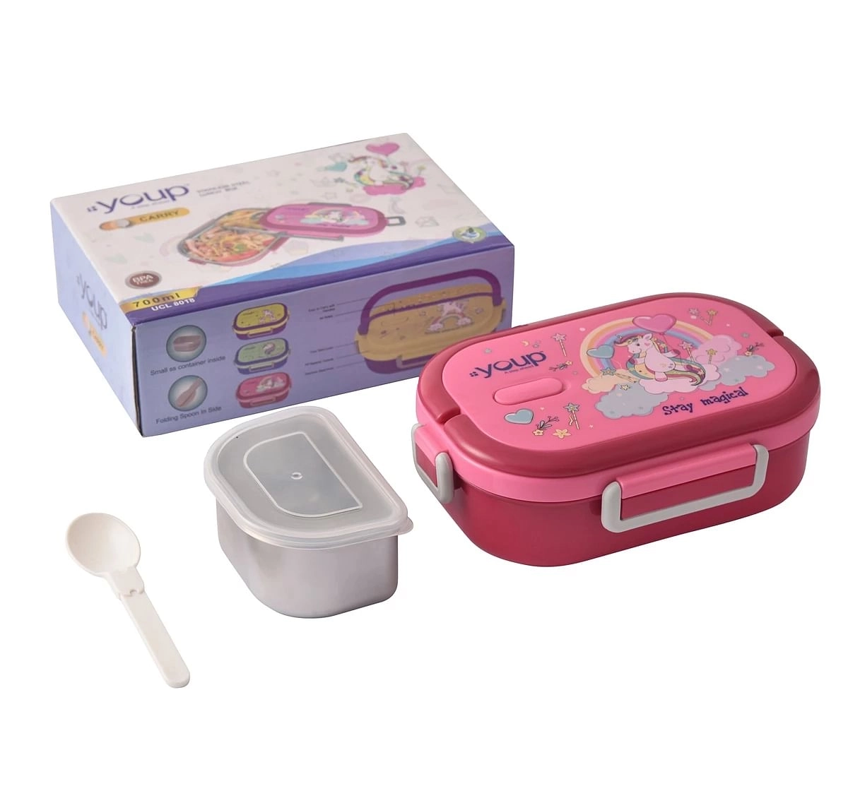 Youp Stainless Steel Unicorn Kids Lunch Box Carry Multicolour 3Y+ Assorted 