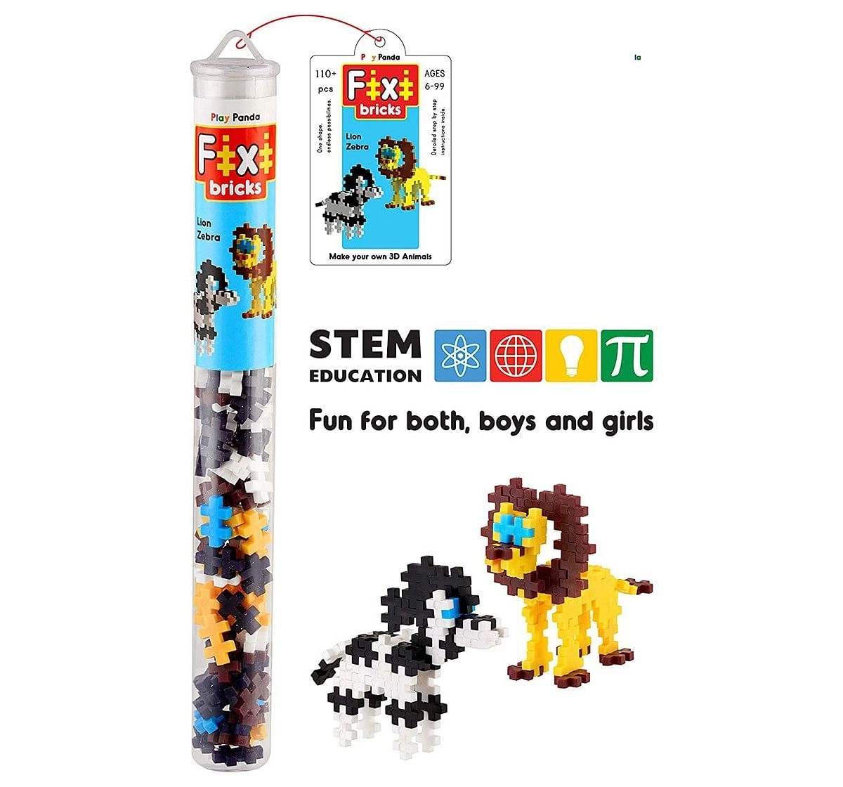 Play Panda Fixi Bricks Jungle Tube 2 Lion And Zebra With 110 Pcs, Detailed Assembly Instructions And Storage Tube Small Parts (Age 799 Years),  6Y+ (Multicolor)