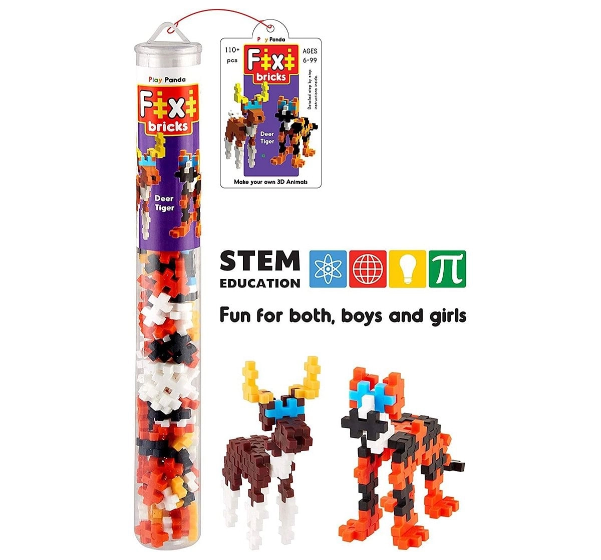 Play Panda Fixi Bricks Jungle Tube 3 Tiger And Deer With 110 Pcs, Detailed Assembly Instructions And Storage Tube Small Parts (Age 799 Years),  6Y+ (Multicolor)