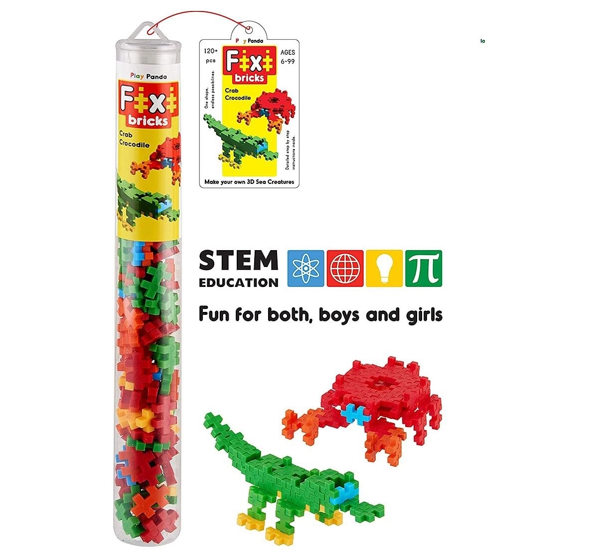 Play Panda Fixi Bricks Aqua Tube 3 Crocodile And Crab With 120 Pcs, Detailed Assembly Instructions And Storage Tube Small Parts (Age 799 Yrs),  6Y+ (Multicolor)