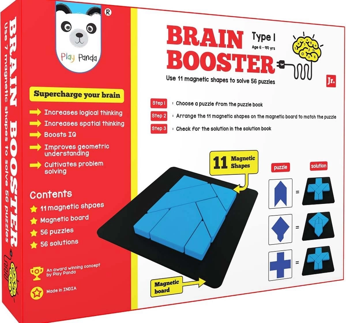 Play Panda Brain Booster Type 1 (Junior) - 56 Puzzles Designed To Boost Intelligence - With Magnetic Shapes, Magnetic Board, Puzzle Book And Solution Book Puzzles for Kids Age 6Y+