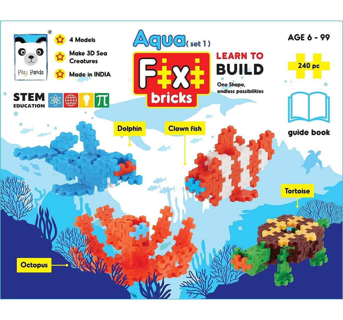 Play Panda Fixi Puzzle Aqua Set 1 - 4 Make And Play Puzzles - With 240 Pcs And Detailed Assembly Instructions - Small Parts (Age 6-99 Years) Puzzles for Kids Age 6Y+