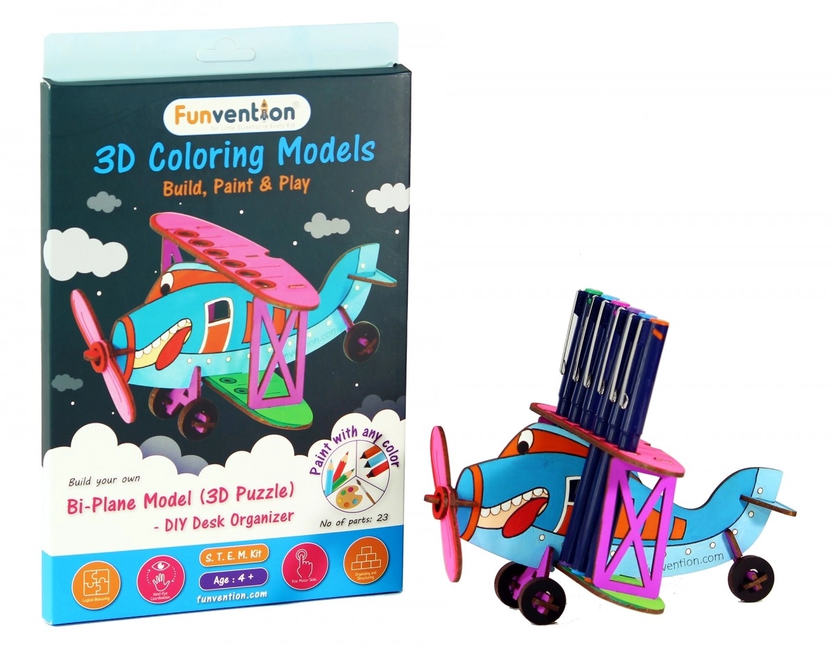 Funvention 3D Colouring Model Biplane DIY Puzzle Toy Pen Stand Utility  Multicolour 3Y+