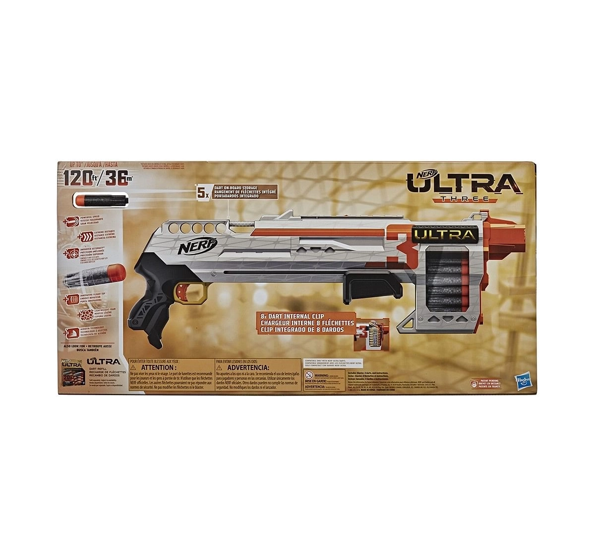Nerf Ultra Three Blaster, Pump-Action, 8-Dart Internal Clip, 8 Nerf Ultra Darts, Compatible Only with Nerf Ultra Darts Blasters for age 8Y+ 
